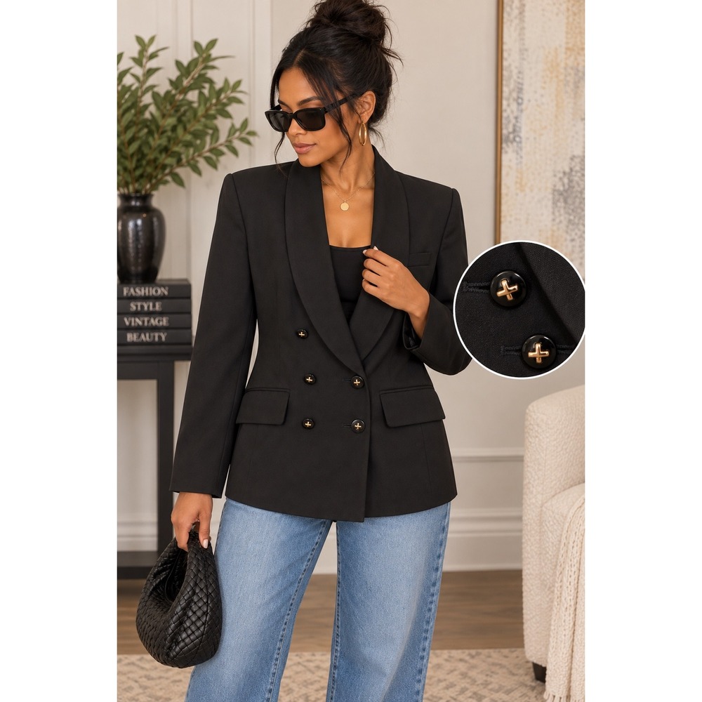 S 184 Vintage 90s Petite Sophisticate Black Double Breasted Tuxedo Power Blazer